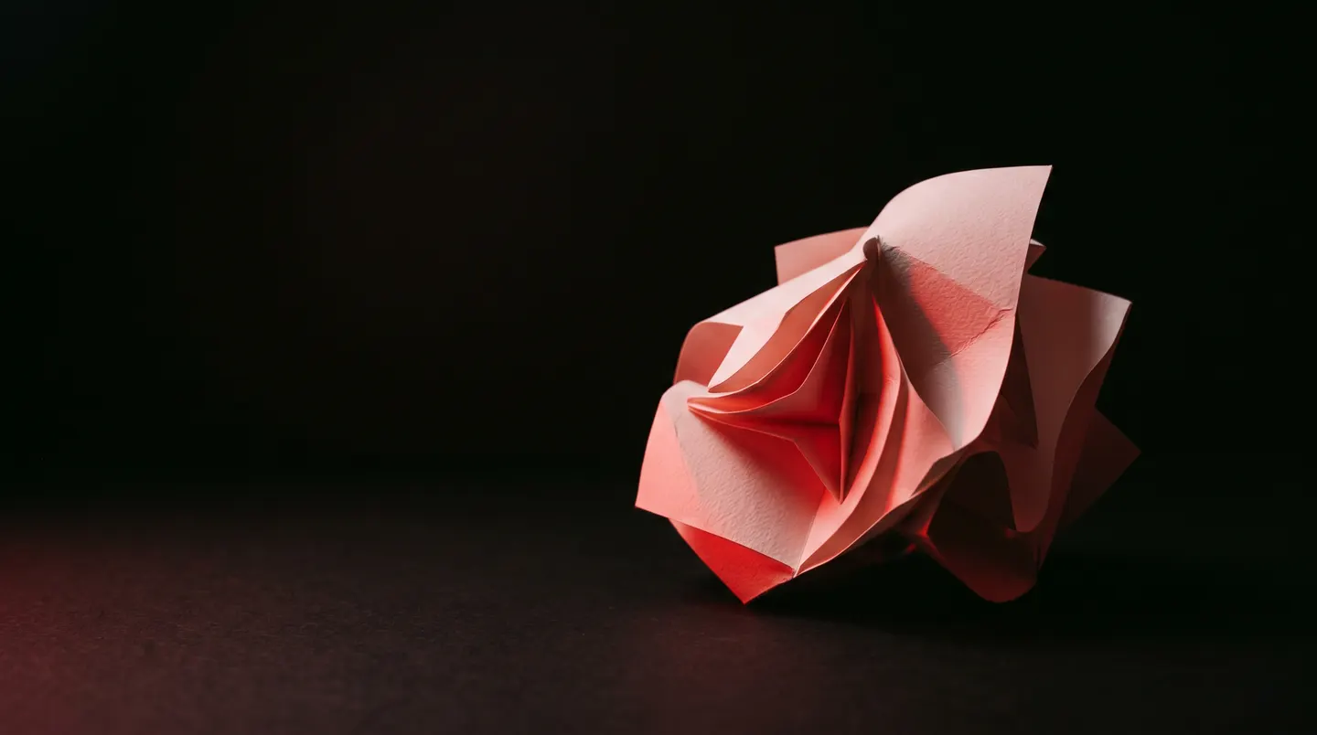 Crumpled blush-pink paper sculpture resting under a single warm light on a matte black surface