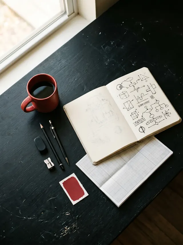 Overhead view of a studio desk with a notebook of diagrams, pencils, and a red ceramic cup